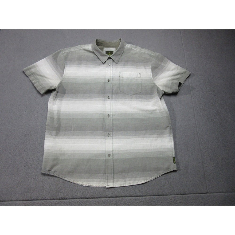 Prana Shirt Mens XL Grey Green Striped Button Down Short Sleeve Pocket Outdoor